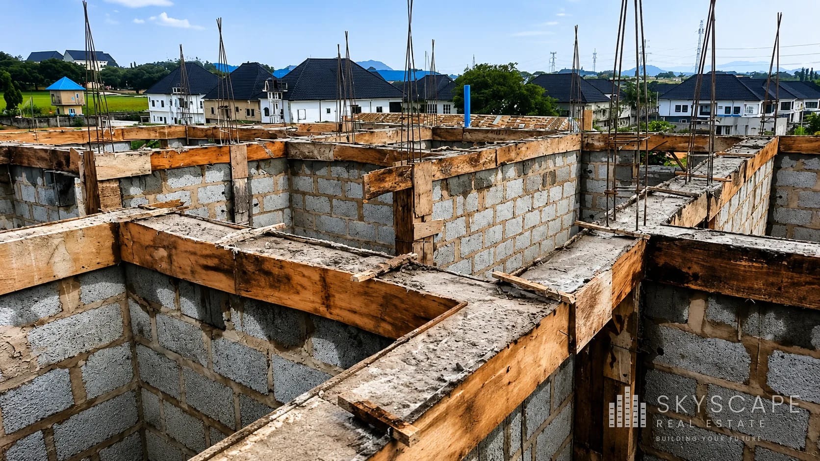 Aerial view of internal blockwork walls and reinforced concrete lintel beams supported by timber formwork