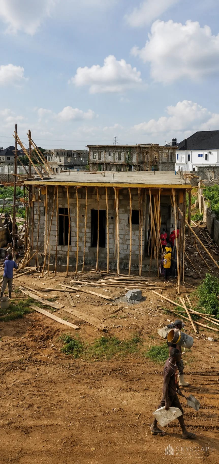 Single-storey residential building with a cast roof slab supported on bamboo props while the formwork cures