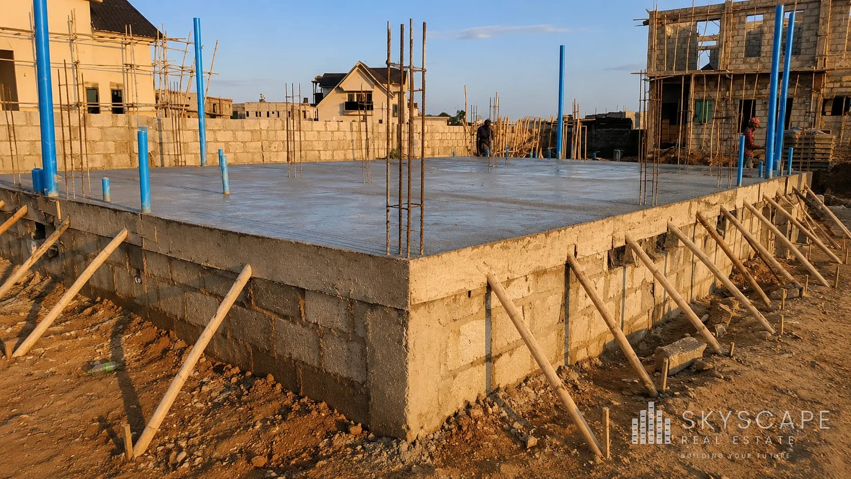 Completed reinforced concrete ground floor slab with adjustable props and column starter bars at sunset
