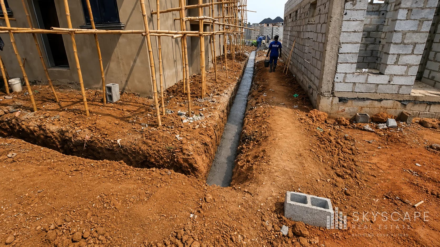 Excavated trench with a cast concrete drainage channel running between two buildings