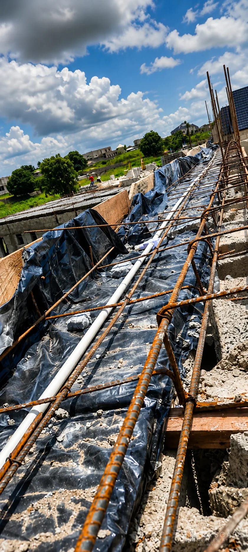 Close view of foundation reinforcement, damp-proof membrane and service conduit laid in a strip foundation trench