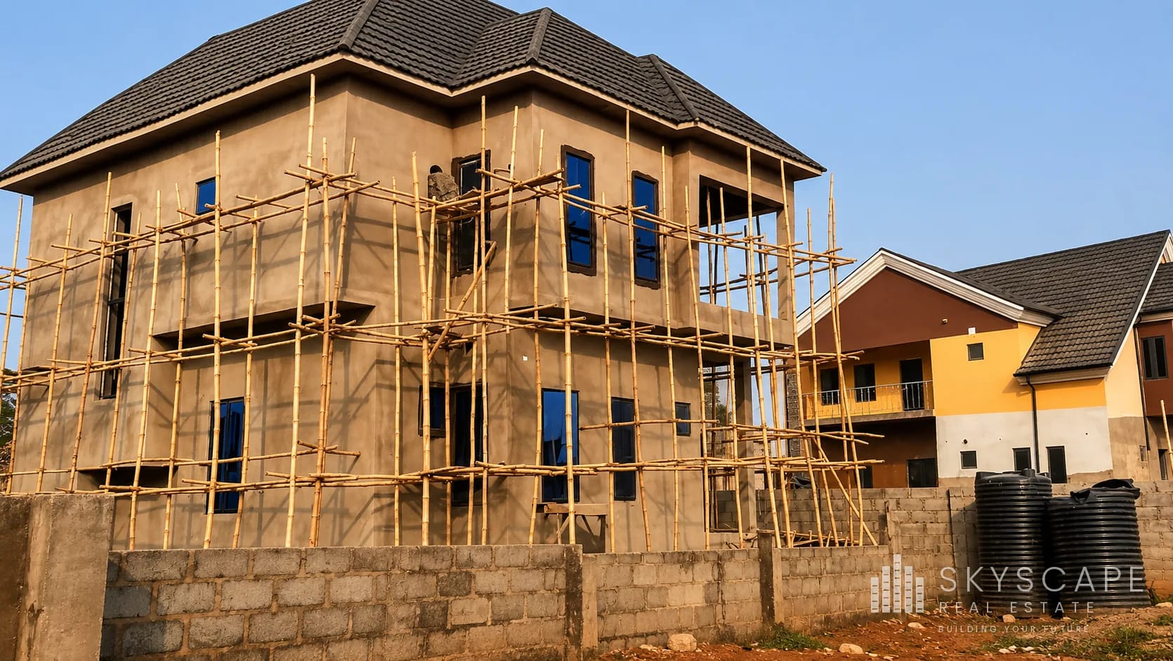 Two-storey residential house at rendering stage, wrapped in bamboo scaffolding beneath a completed stone-coated steel roof