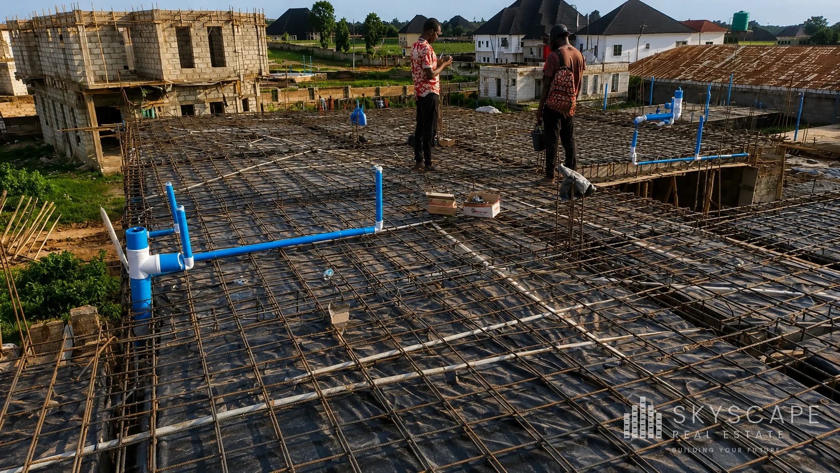 Aerial view of a reinforced concrete floor slab with steel reinforcement mesh and blue plumbing risers set out before pouring