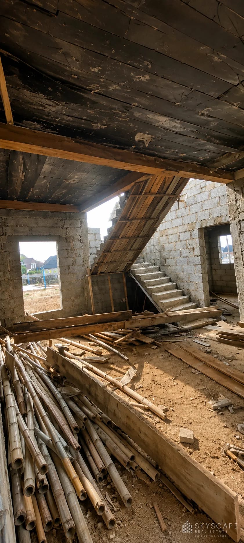 Interior of a duplex under construction showing timber formwork soffit, a cast concrete staircase and stacked bamboo props