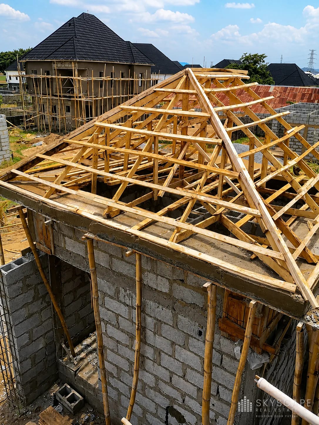 Aerial view of a completed timber hipped roof truss structure over sandcrete blockwork walls