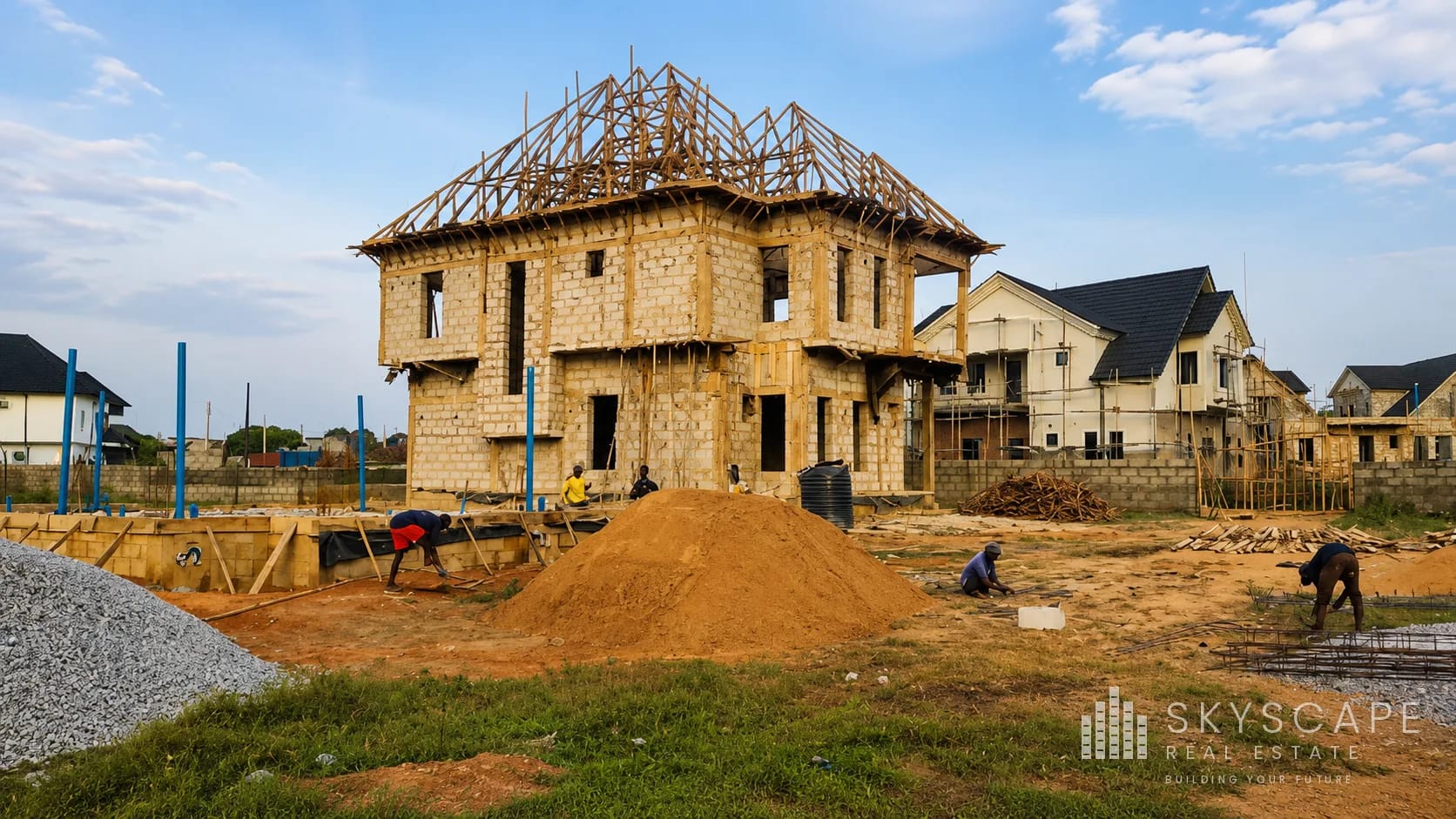 Two-storey residential building with timber roof trusses erected and site workers preparing the adjoining foundation