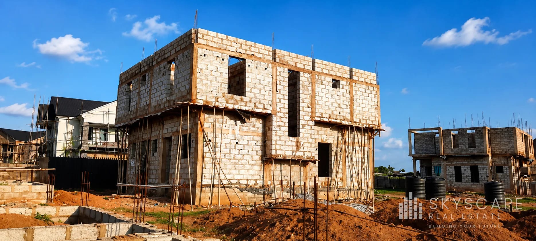Two-storey residential shell with completed blockwork, reinforced concrete lintels and column starter bars