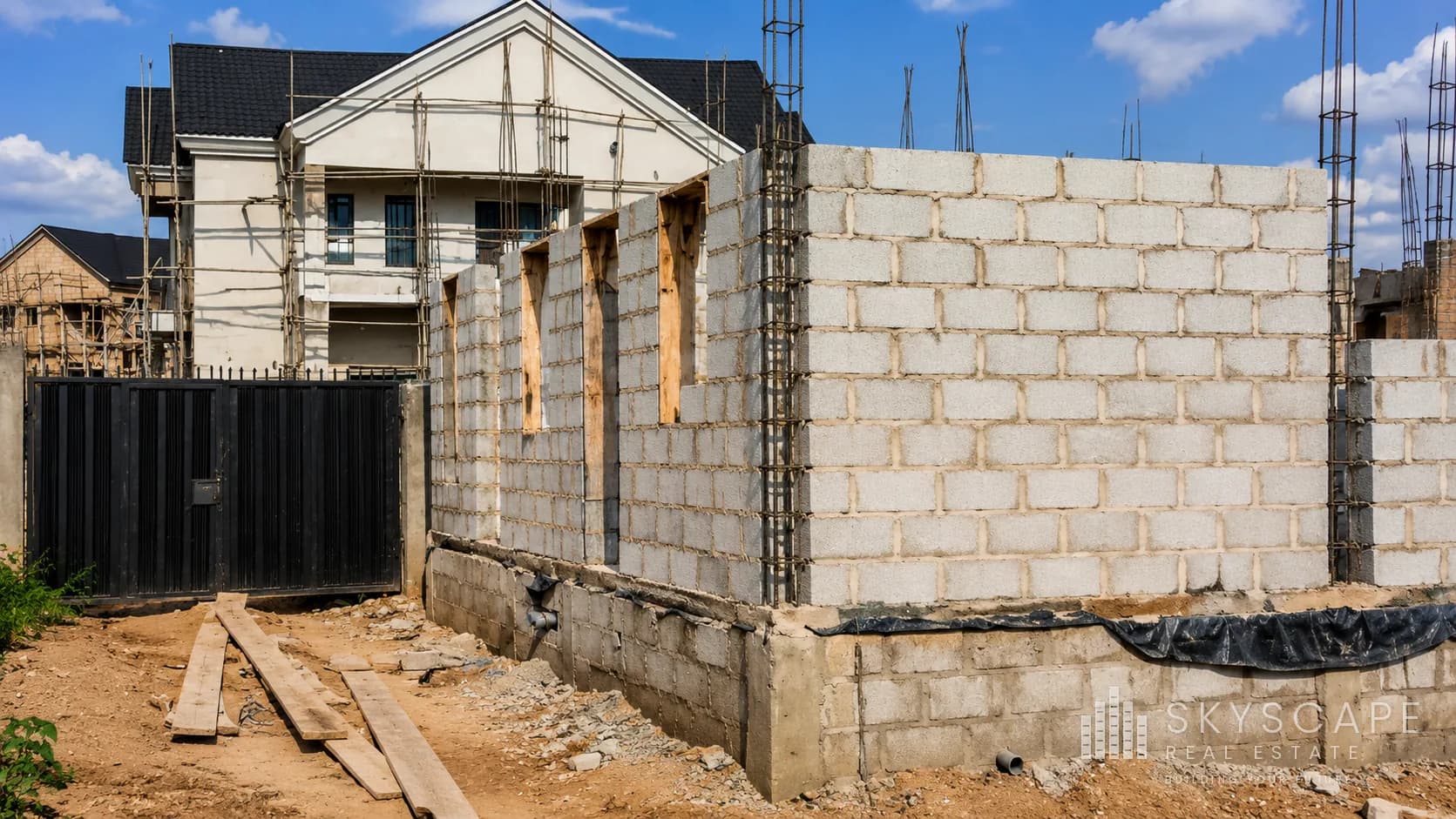 Sandcrete blockwork walls with column starter bars and damp-proof course rising above foundation level