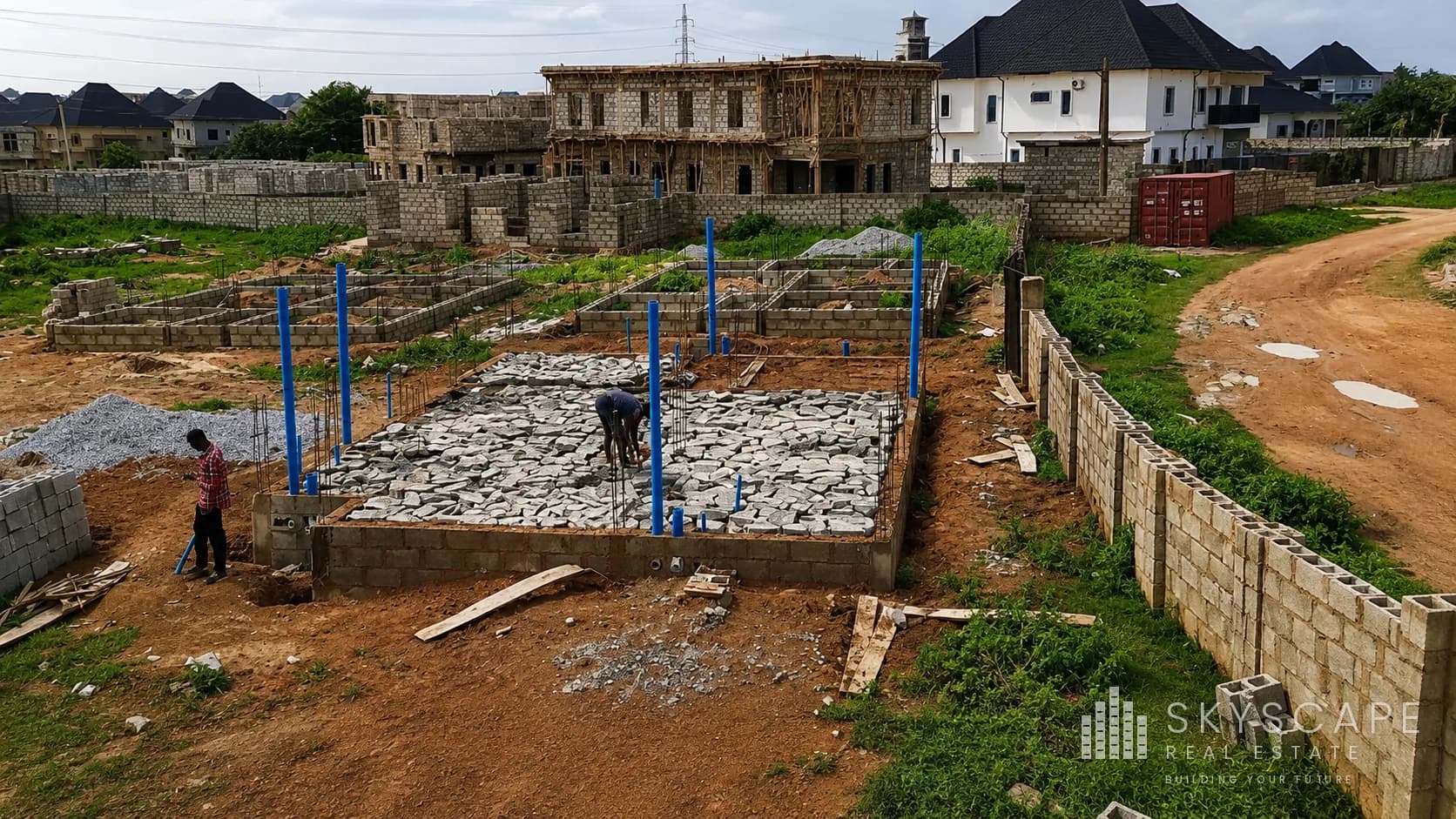 Aerial view of a strip foundation with hardcore filling and service risers in place