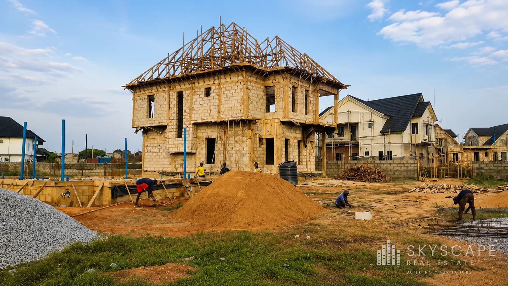 Skyscape site team working on a two-storey residential build during roof truss installation