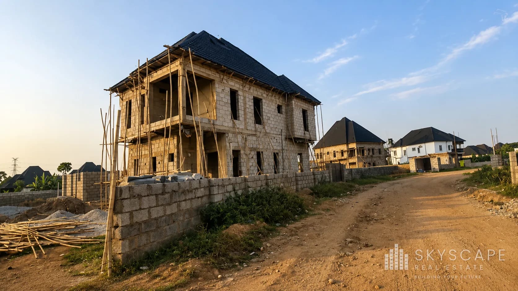 Completed two-storey residential building on a Skyscape development at sunset
